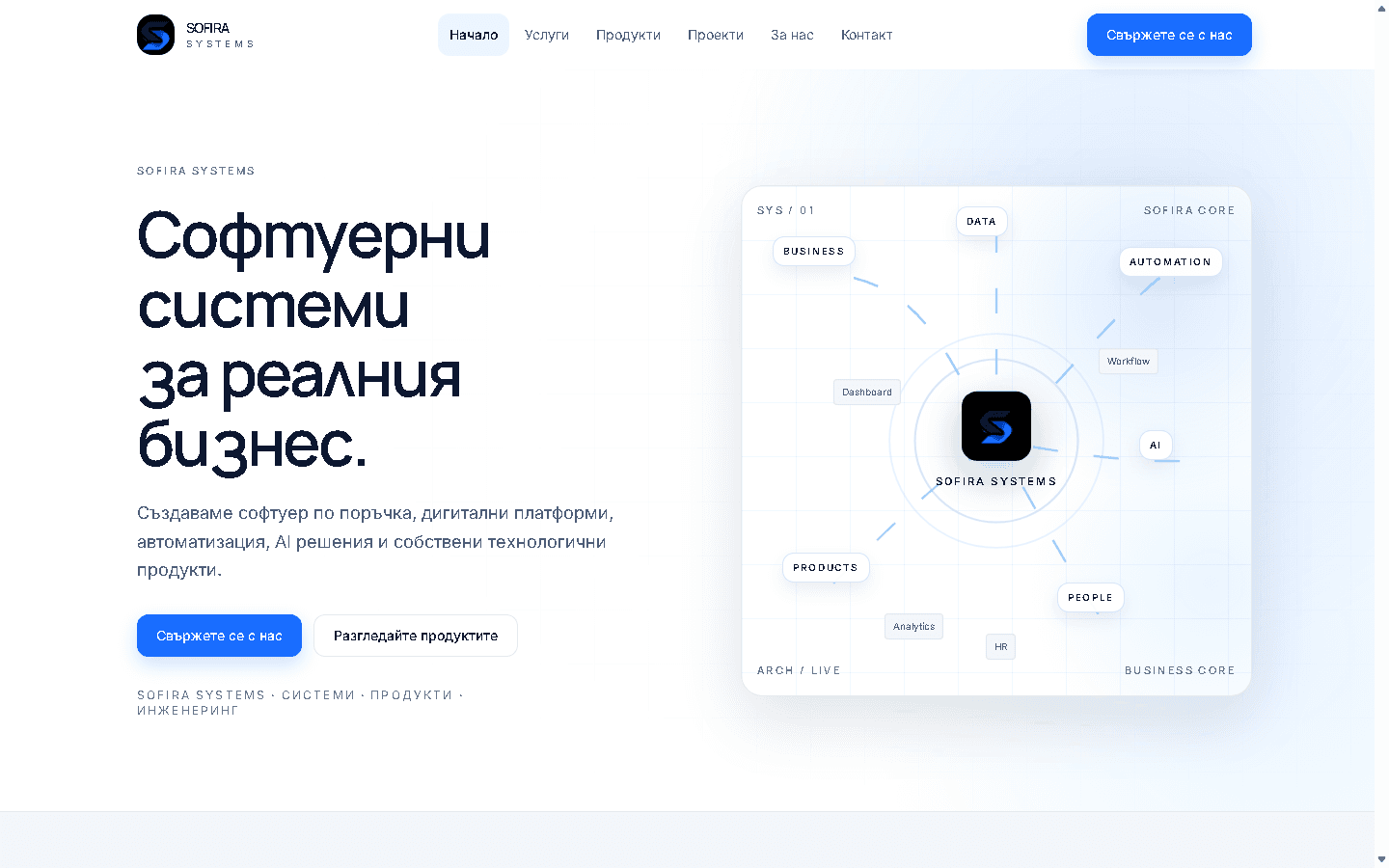 Началната страница на SOFIRA SYSTEMS с основна навигация и представяне на услугите.